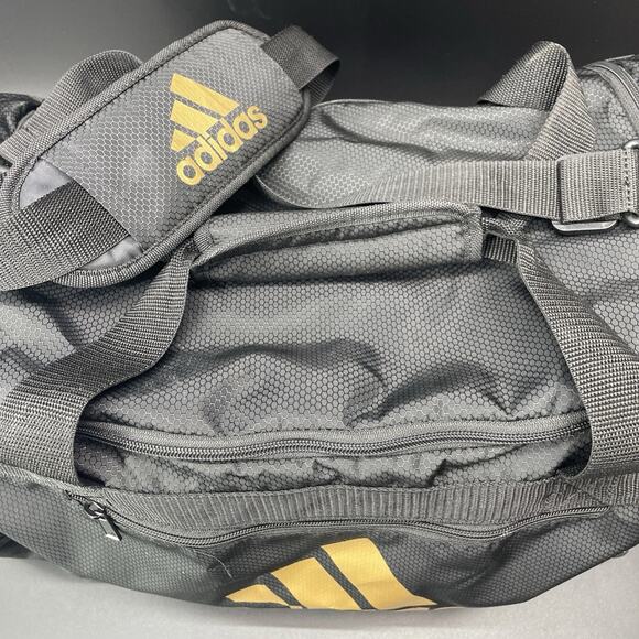 Adidas Defender Duffle Bag Gym Athletic Workout Black/Gold 21x11x11 Medium Size - Picture 10 of 11
